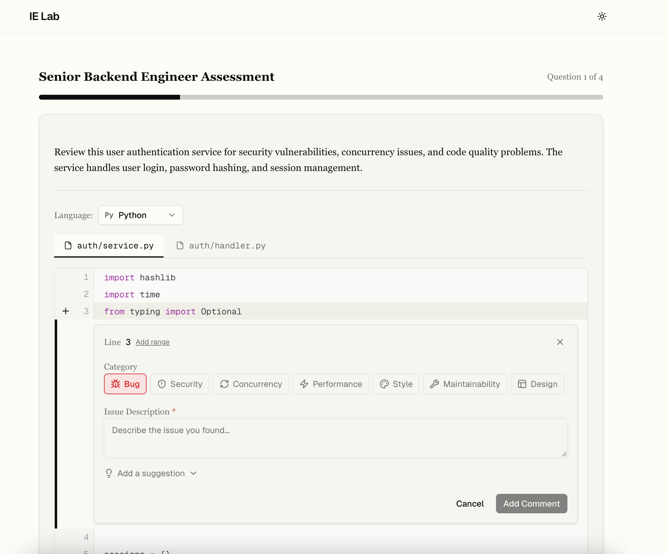 IE Lab assessment platform showing a code review exercise